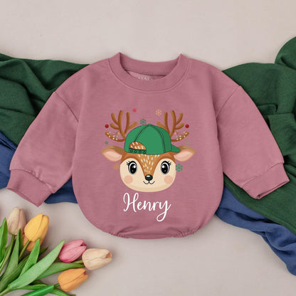 Personalized Christmas Reindeer Romper First Baby Holiday Outfit Cute Whimsical Green Capped Antlered Reindeer With Berries Snowflakes Infant Boy Gift
