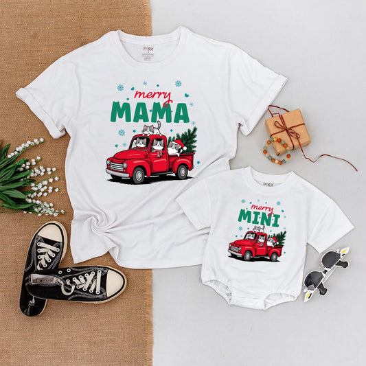 Merry Mama & Mini Christmas Truck Matching Shirts, Cute Cat Family Holiday Outfit, Baby's First Christmas Gift, Festive Mom and Son Tee, Soft Cotton 139