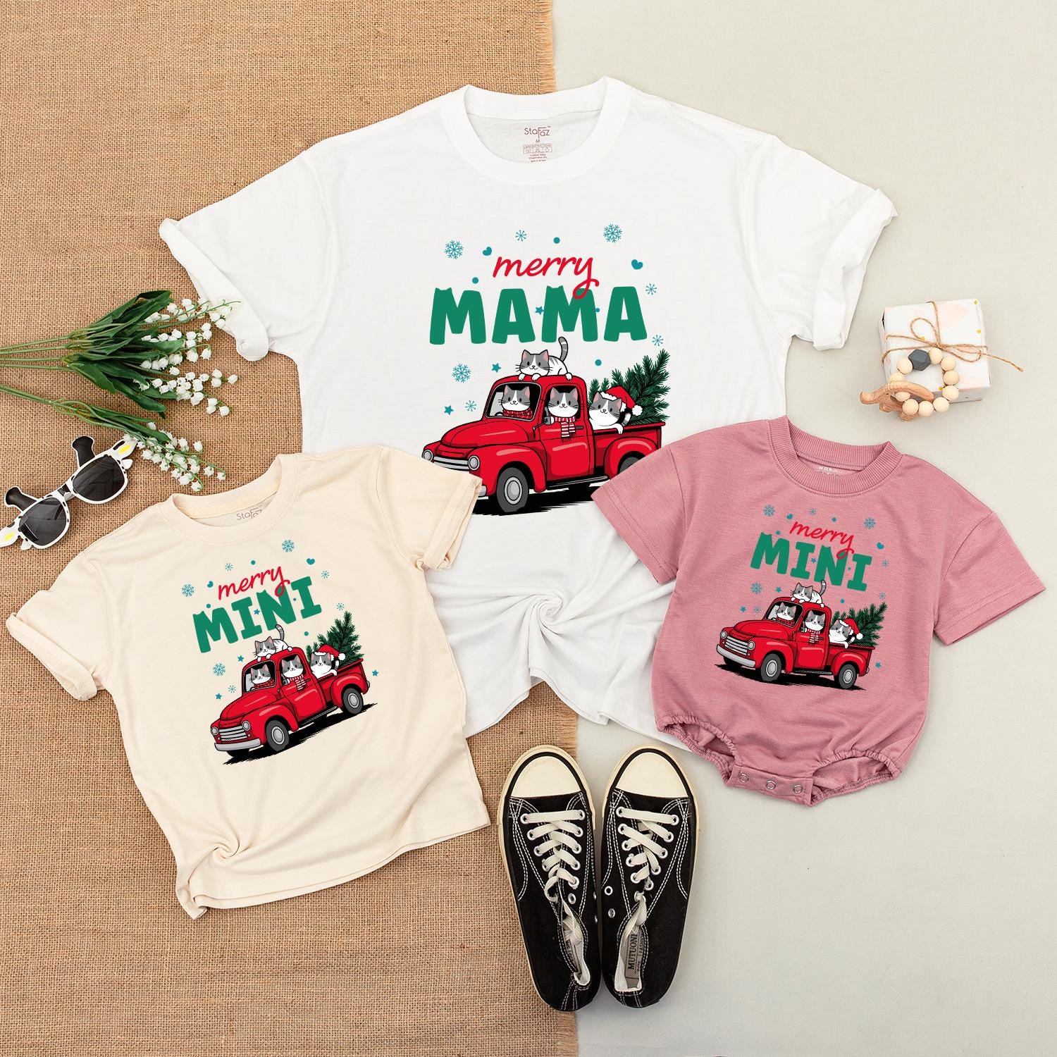 Merry Mama & Mini Christmas Truck Matching Shirts, Cute Cat Family Holiday Outfit, Baby's First Christmas Gift, Festive Mom and Son Tee, Soft Cotton 139