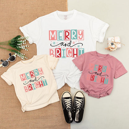 Merry and Bright Family Christmas Shirts Matching Outfit Cute Holiday Tee Mom Boy Xmas Gift Playful Festive Design First Christmas Baby Shower 138chars