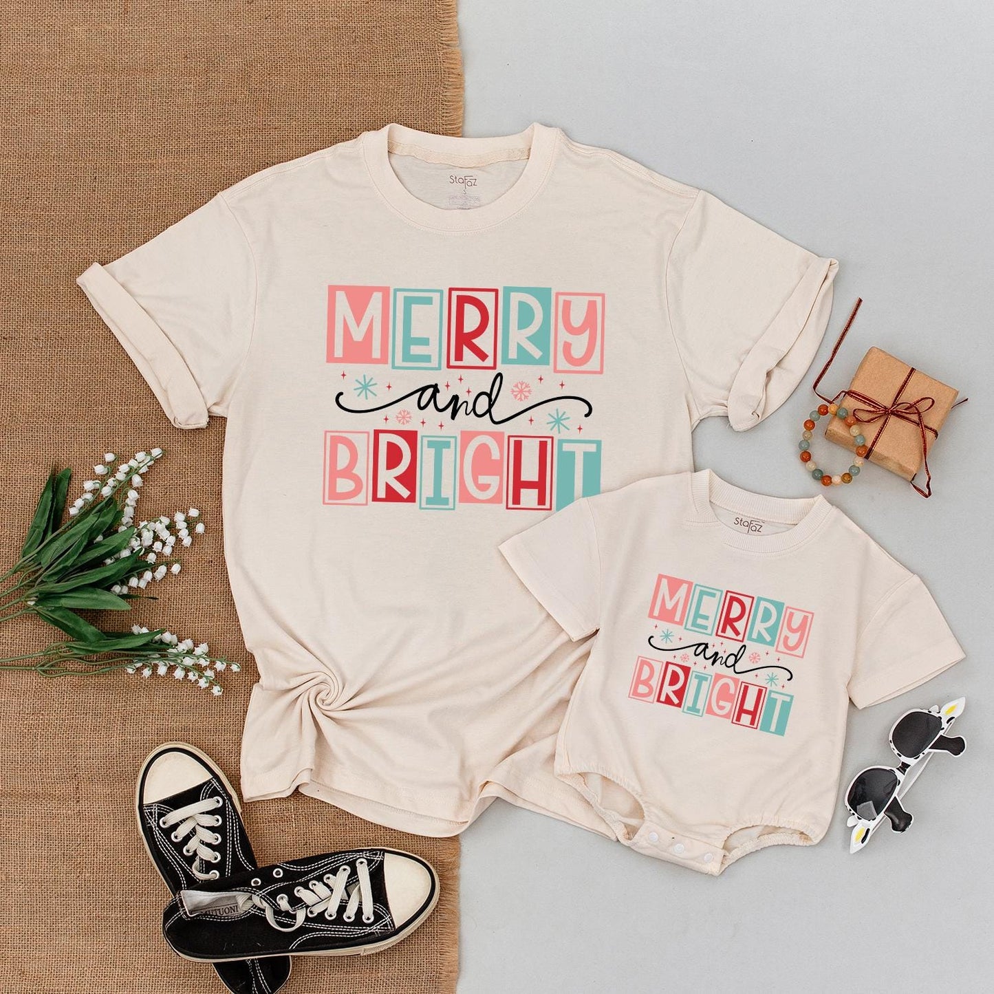 Merry and Bright Family Christmas Shirts Matching Outfit Cute Holiday Tee Mom Boy Xmas Gift Playful Festive Design First Christmas Baby Shower 138chars