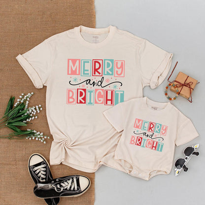 Merry and Bright Family Christmas Shirts Matching Outfit Cute Holiday Tee Mom Boy Xmas Gift Playful Festive Design First Christmas Baby Shower 138chars