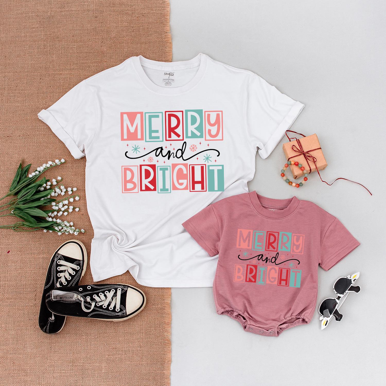 Merry and Bright Family Christmas Shirts Matching Outfit Cute Holiday Tee Mom Boy Xmas Gift Playful Festive Design First Christmas Baby Shower 138chars