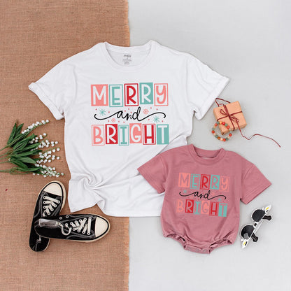 Merry and Bright Family Christmas Shirts Matching Outfit Cute Holiday Tee Mom Boy Xmas Gift Playful Festive Design First Christmas Baby Shower 138chars