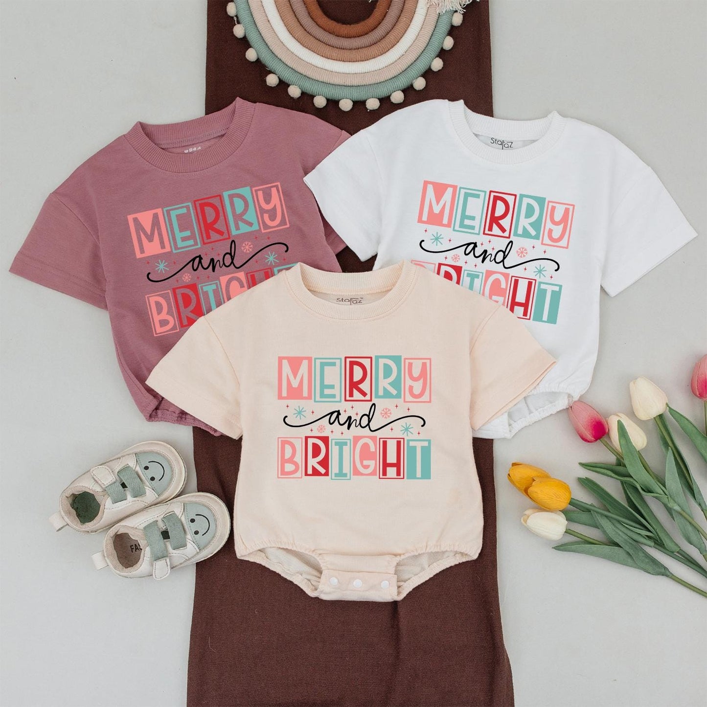 Merry and Bright Family Christmas Shirts Matching Outfit Cute Holiday Tee Mom Boy Xmas Gift Playful Festive Design First Christmas Baby Shower 138chars