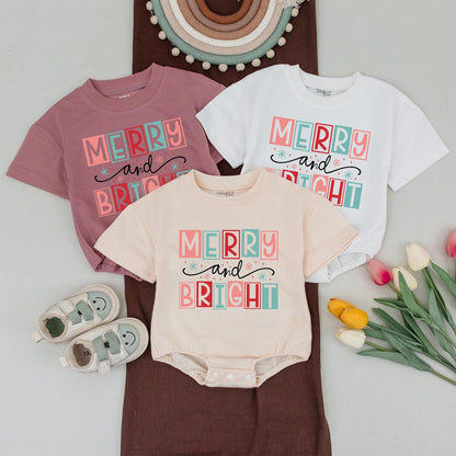 Merry and Bright Family Christmas Shirts Matching Outfit Cute Holiday Tee Mom Boy Xmas Gift Playful Festive Design First Christmas Baby Shower 138chars