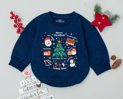 Cute Christmas Doodle Bubble Romper Festive Baby Outfit with Santa Snowman Tree Gifts & Cassette Whimsical Infant Bodysuit Holiday Gift