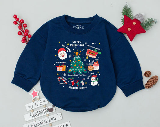 Cute Christmas Doodle Bubble Romper Festive Baby Outfit with Santa Snowman Tree Gifts & Cassette Whimsical Infant Bodysuit Holiday Gift
