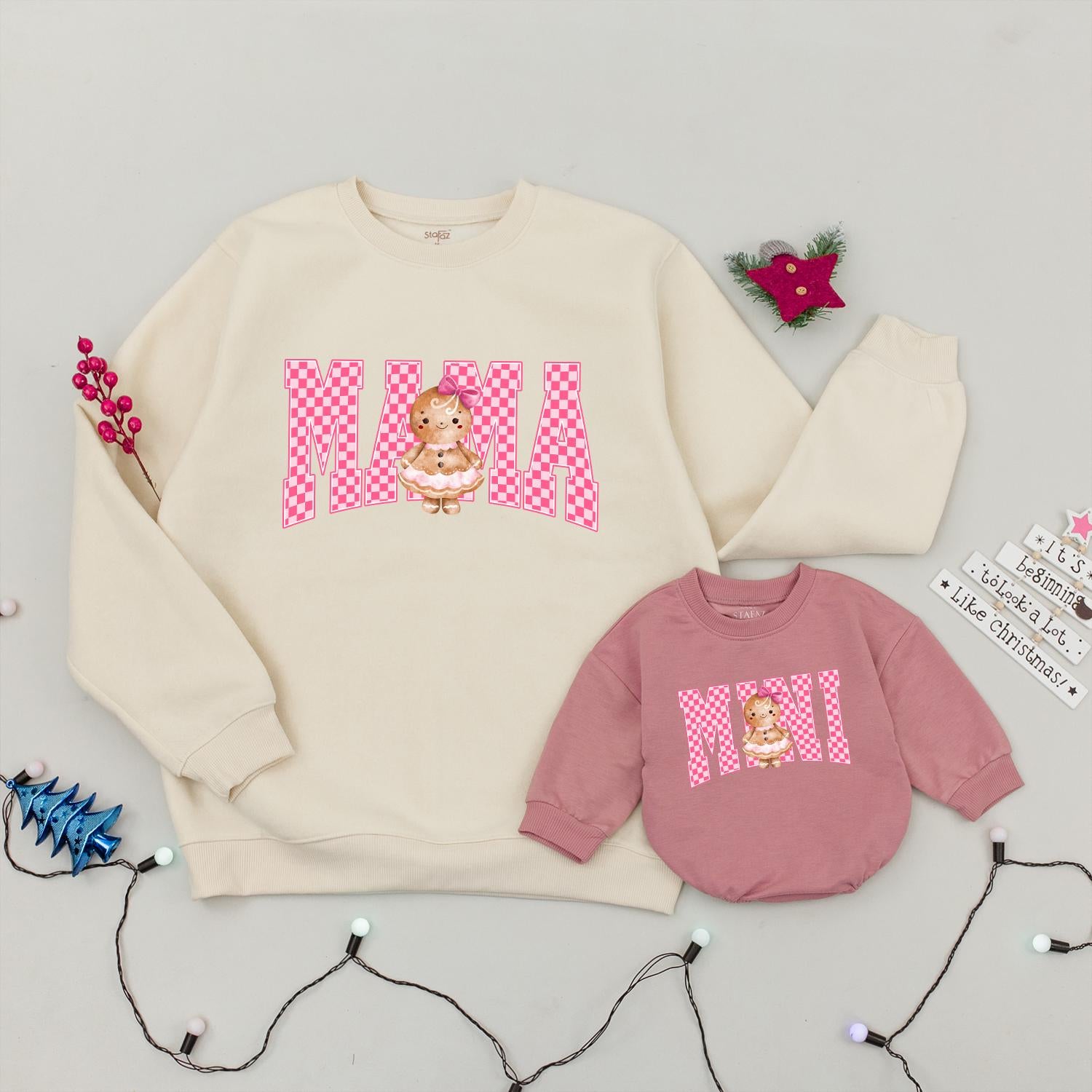 Mama Mini Matching Christmas Sweatshirts Pink Checkerboard Gingerbread Cookie Family Holiday Outfit Cute Baby Girl Trendy Kids Style