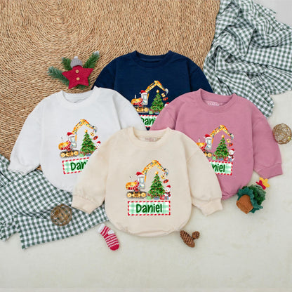 Personalized Boy's Christmas Excavator Romper, Custom Name Holiday Outfit, Watercolor Truck Baby Bodysuit, Winter Clothes, Christmas Baby Shower Gift 139