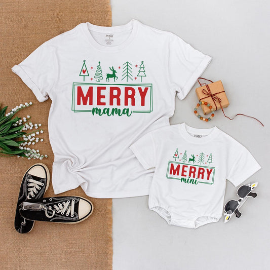 Merry Mama and Mini Christmas T-Shirts, Red and Green Matching Family Outfits for Mom and Boy, Festive Holiday Gift, First Christmas Tee 139 chr