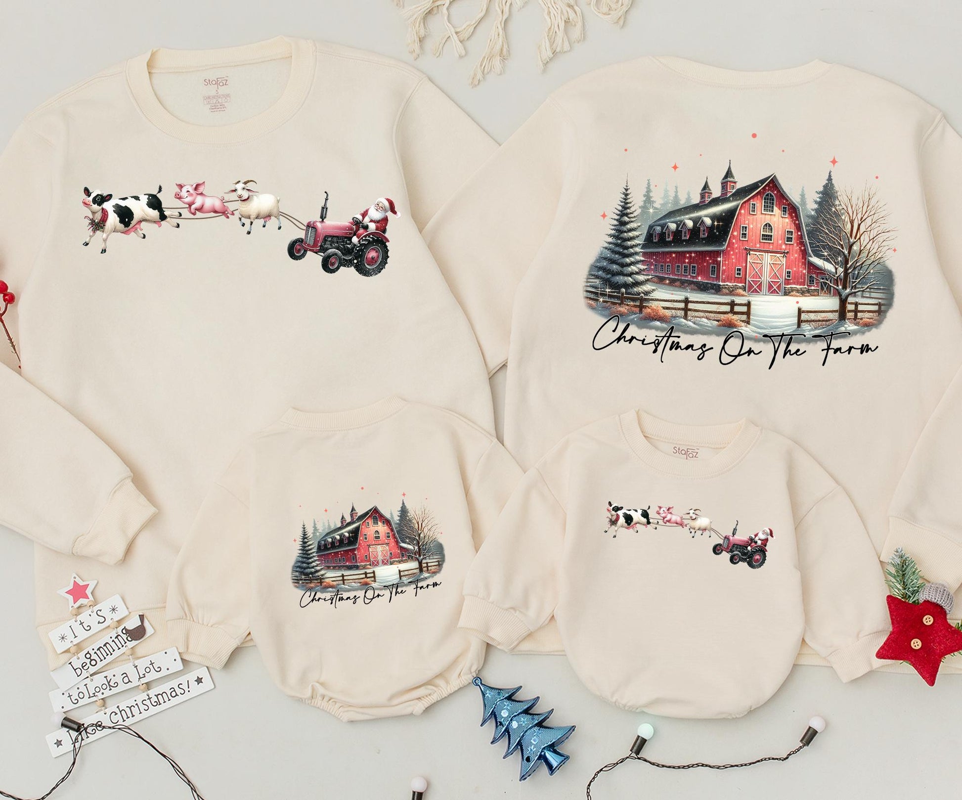 Christmas On The Farm Mommy and Me Matching Outfits: Santa Tractor Farmhouse Sweatshirt, Baby Romper & Vintage Holiday Tee