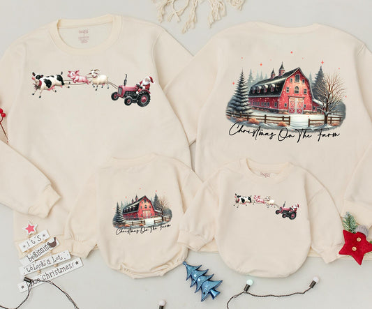 Christmas On The Farm Mommy and Me Matching Outfits: Santa Tractor Farmhouse Sweatshirt, Baby Romper & Vintage Holiday Tee
