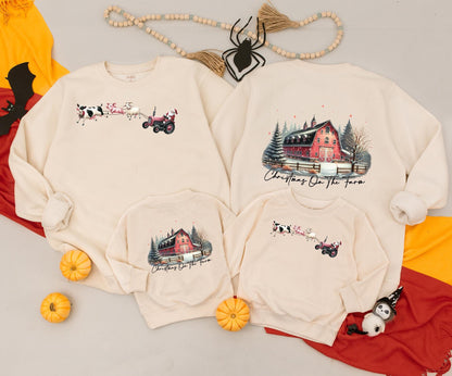 Christmas On The Farm Mommy and Me Matching Outfits: Santa Tractor Farmhouse Sweatshirt, Baby Romper & Vintage Holiday Tee