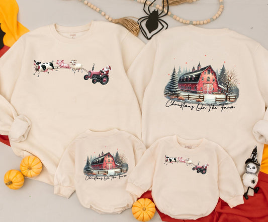 Christmas On The Farm Mommy and Me Matching Outfits: Santa Tractor Farmhouse Sweatshirt, Baby Romper & Vintage Holiday Tee