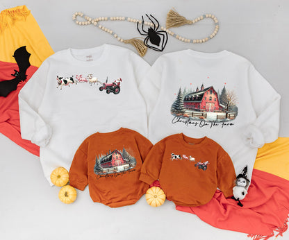 Christmas On The Farm Mommy and Me Matching Outfits: Santa Tractor Farmhouse Sweatshirt, Baby Romper & Vintage Holiday Tee