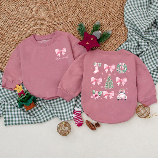 Personalized Christmas Bow Romper, Watercolor Holiday Bodysuit with Name, Girly Pink Christmas Outfit, Winter Baby Clothes, First Christmas Gift 139