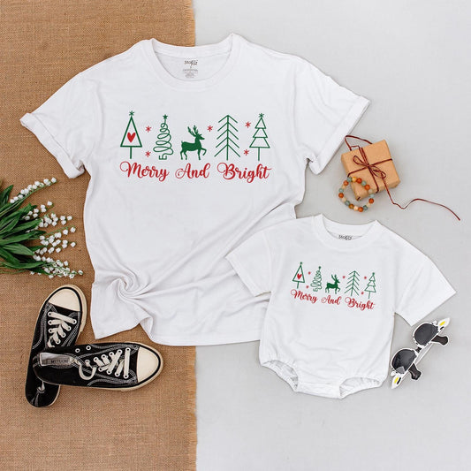 Merry & Bright Christmas Family Matching Shirts, Cute Xmas Trees & Reindeer, Holiday Outfit, Soft Cotton Gift for Her, Mom & Son Party Clothes (137 chars)