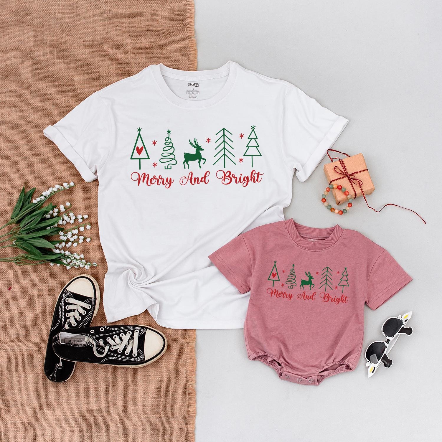 Merry & Bright Christmas Family Matching Shirts, Cute Xmas Trees & Reindeer, Holiday Outfit, Soft Cotton Gift for Her, Mom & Son Party Clothes (137 chars)