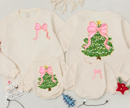 Christmas Bow Tree Sweatshirt Women's Outfit, Festive Holiday Clothing, Cute Coquette Newborn Romper, Baby's 1st Christmas, Mommy and Me Matching Outfit