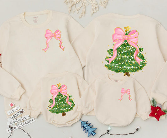 Christmas Bow Tree Sweatshirt Women's Outfit, Festive Holiday Clothing, Cute Coquette Newborn Romper, Baby's 1st Christmas, Mommy and Me Matching Outfit