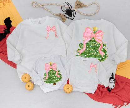 Christmas Bow Tree Sweatshirt Women's Outfit, Festive Holiday Clothing, Cute Coquette Newborn Romper, Baby's 1st Christmas, Mommy and Me Matching Outfit