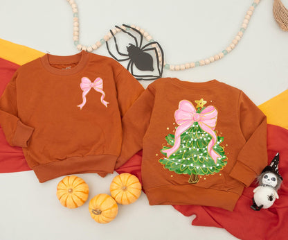Christmas Bow Tree Sweatshirt Women's Outfit, Festive Holiday Clothing, Cute Coquette Newborn Romper, Baby's 1st Christmas, Mommy and Me Matching Outfit