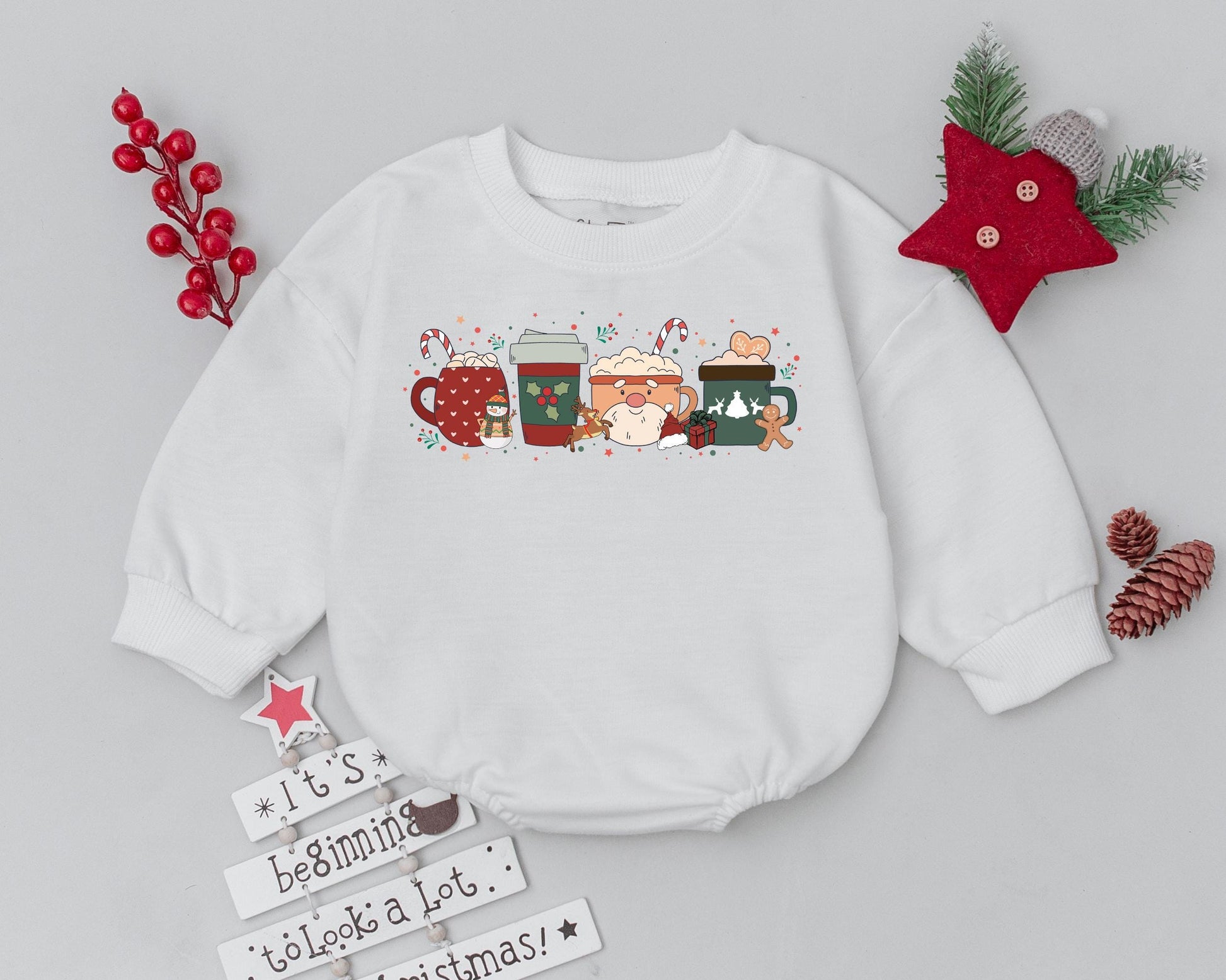 Cute Christmas Coffee Cup Bubble Romper Newborn Baby Outfit Adorable Festive Snowman Gingerbread Reindeer Design Infant Bodysuit Gift