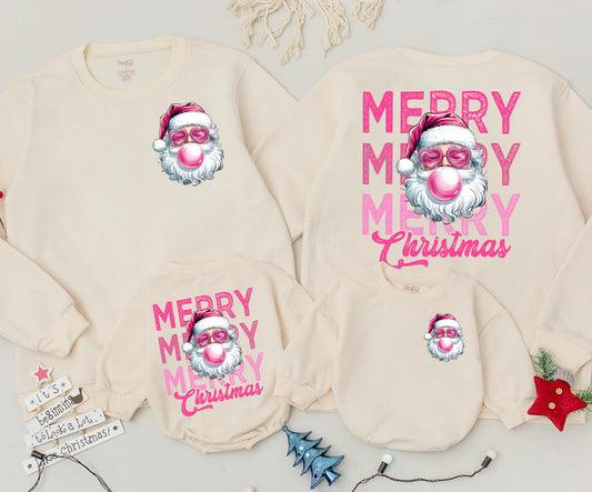 Retro Santa Christmas Sweatshirt, Funny Pink Sunglasses Santa Blowing Bubblegum, Vintage Merry Christmas Xmas Two-Sided Festive Top for Women & Newborn