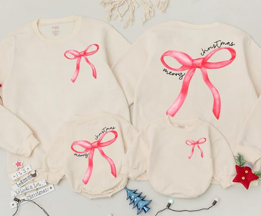 Merry Christmas Bow Sweater Outfit, Mommy and Me Matching Red Bow Sweatshirt, Baby Toddler Holiday Romper, Christmas Coquette Clothes Cute Xmas Gift (139 chars)