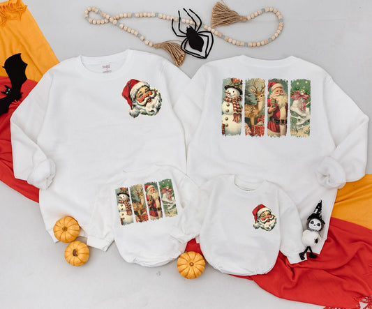 Retro Christmas Family Matching Outfits Vintage Santa Snowman 2-Sided Sweatshirt & Baby Romper Holiday Gifts