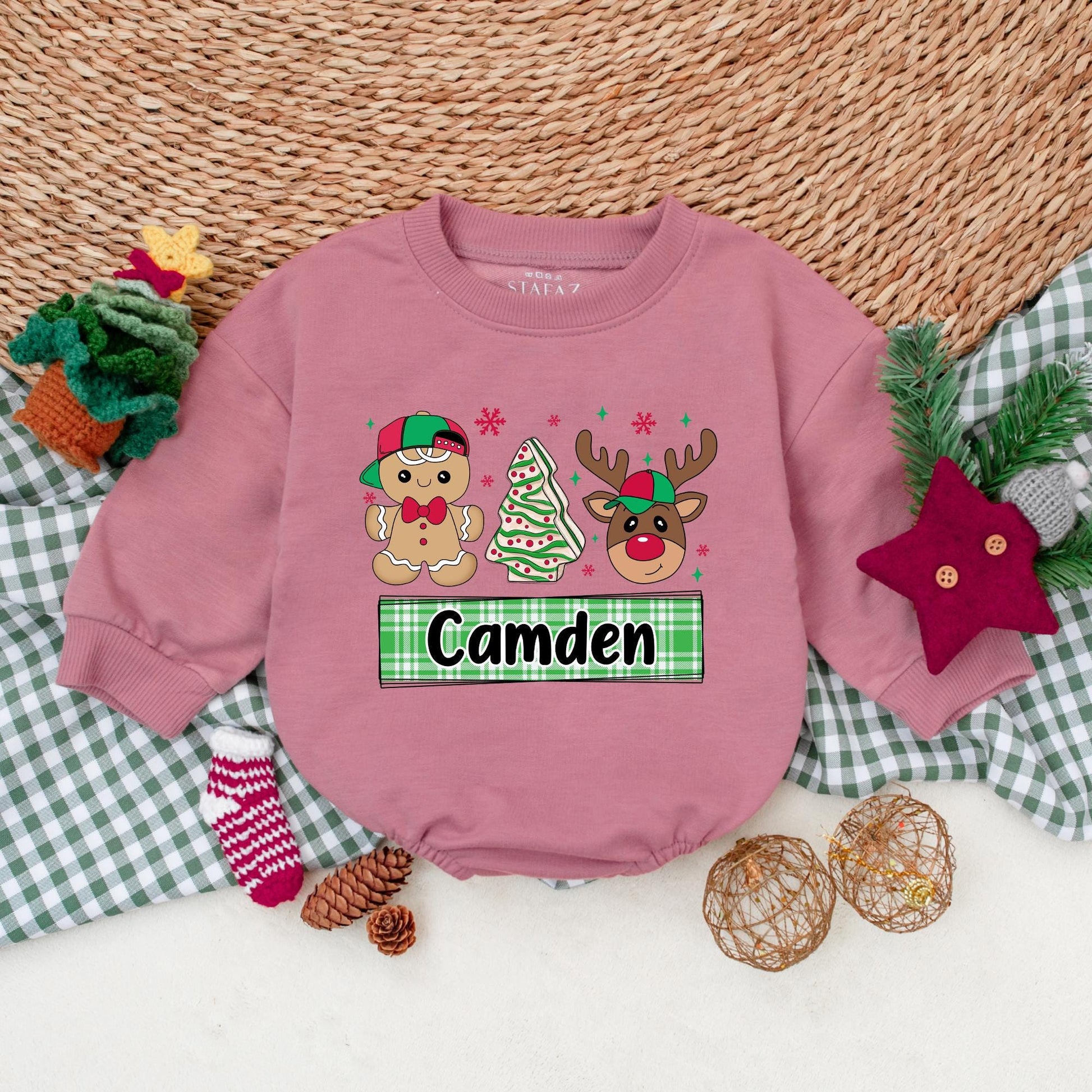 Personalized Christmas Romper for Baby Boy, Festive Reindeer Outfit with Custom Name, Gingerbread Man Winter Bodysuit, Holiday Baby Shower Gift Camden 139