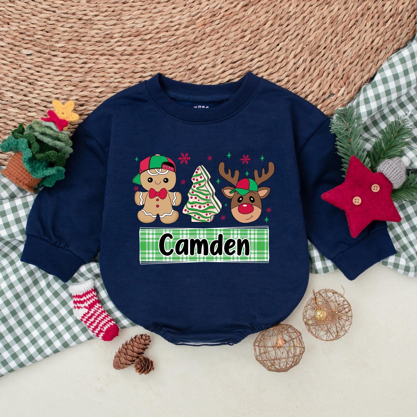 Personalized Christmas Romper for Baby Boy, Festive Reindeer Outfit with Custom Name, Gingerbread Man Winter Bodysuit, Holiday Baby Shower Gift Camden 139