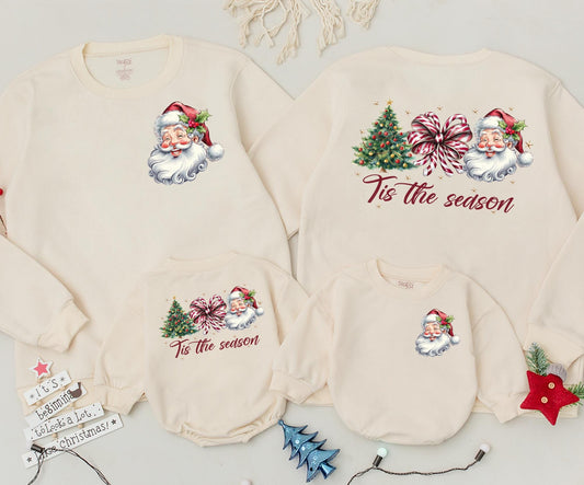 Retro Christmas Family Matching Sweatshirt & Baby Romper Set Classic Santa Claus 'Tis the Season Tree Holiday Outfits