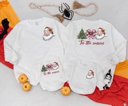 Retro Christmas Family Matching Sweatshirt & Baby Romper Set Classic Santa Claus 'Tis the Season Tree Holiday Outfits