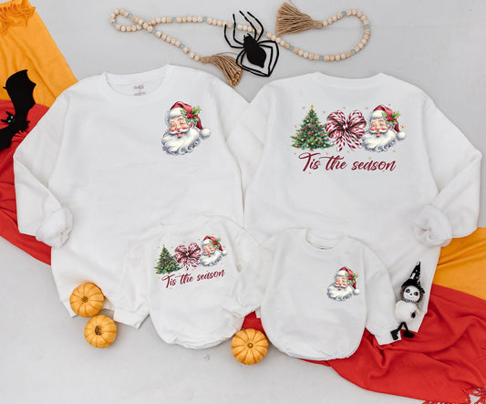 Retro Christmas Family Matching Sweatshirt & Baby Romper Set Classic Santa Claus 'Tis the Season Tree Holiday Outfits