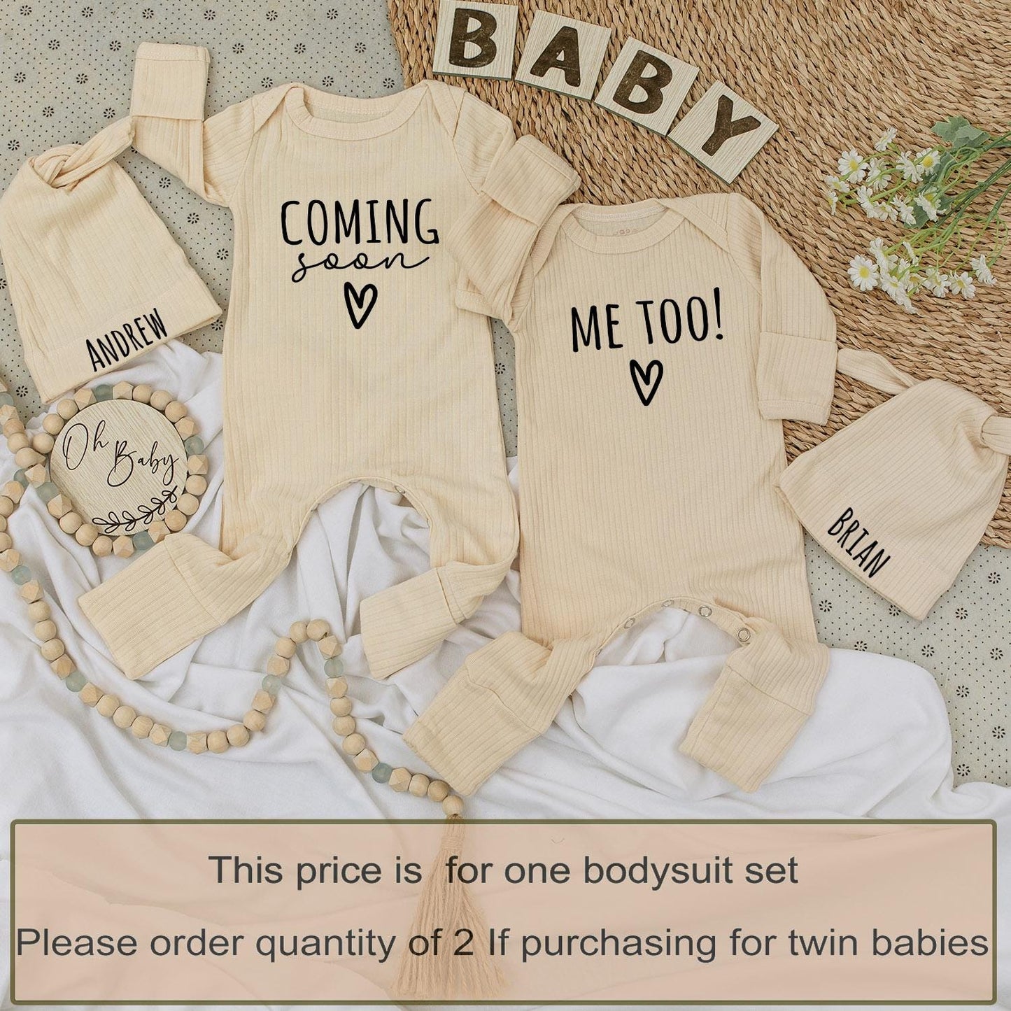 Twins Pregnancy Announcement Coming Soon Me Too Baby Bodysuit Hat Set Newborn Twin Reveal Gift with Andrew Brian Names Simple Black Text Heart Design