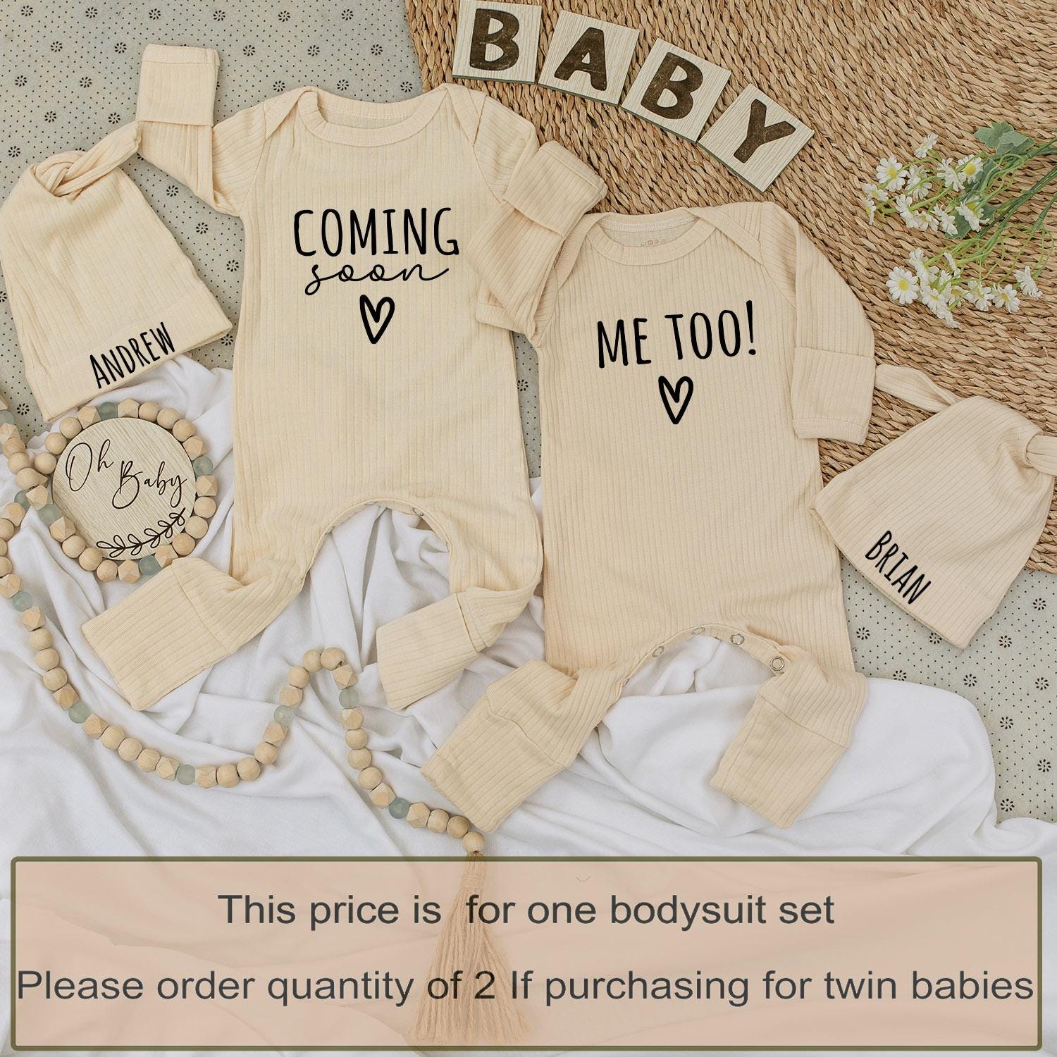 Twins Pregnancy Announcement Coming Soon Me Too Baby Bodysuit Hat Set Newborn Twin Reveal Gift with Andrew Brian Names Simple Black Text Heart Design