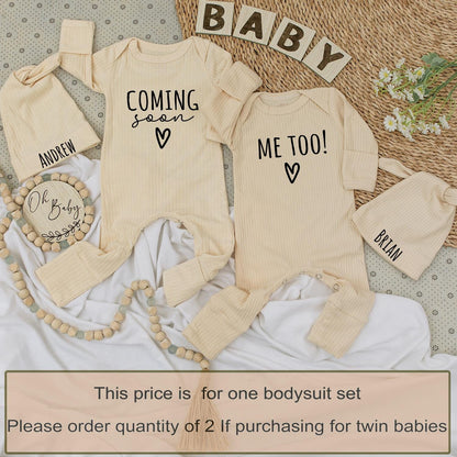 Twins Pregnancy Announcement Coming Soon Me Too Baby Bodysuit Hat Set Newborn Twin Reveal Gift with Andrew Brian Names Simple Black Text Heart Design