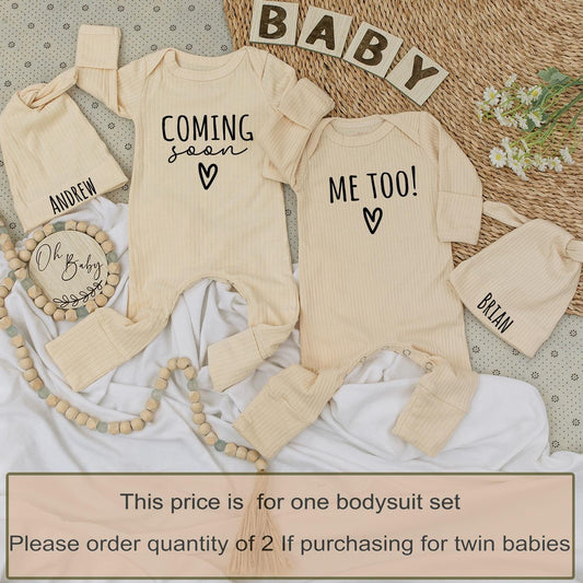 Twins Pregnancy Announcement Coming Soon Me Too Baby Bodysuit Hat Set Newborn Twin Reveal Gift with Andrew Brian Names Simple Black Text Heart Design
