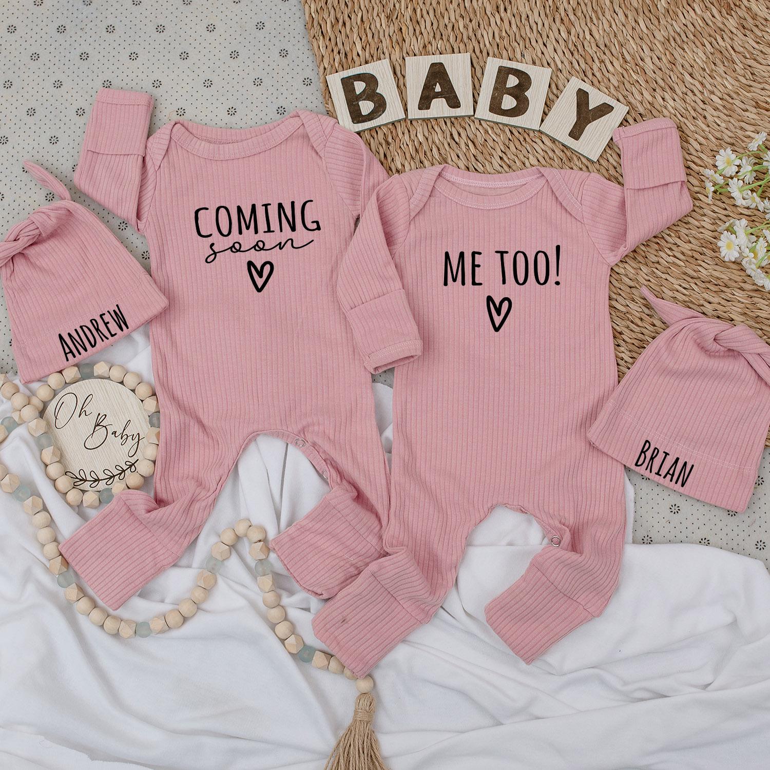 Twins Pregnancy Announcement Coming Soon Me Too Baby Bodysuit Hat Set Newborn Twin Reveal Gift with Andrew Brian Names Simple Black Text Heart Design