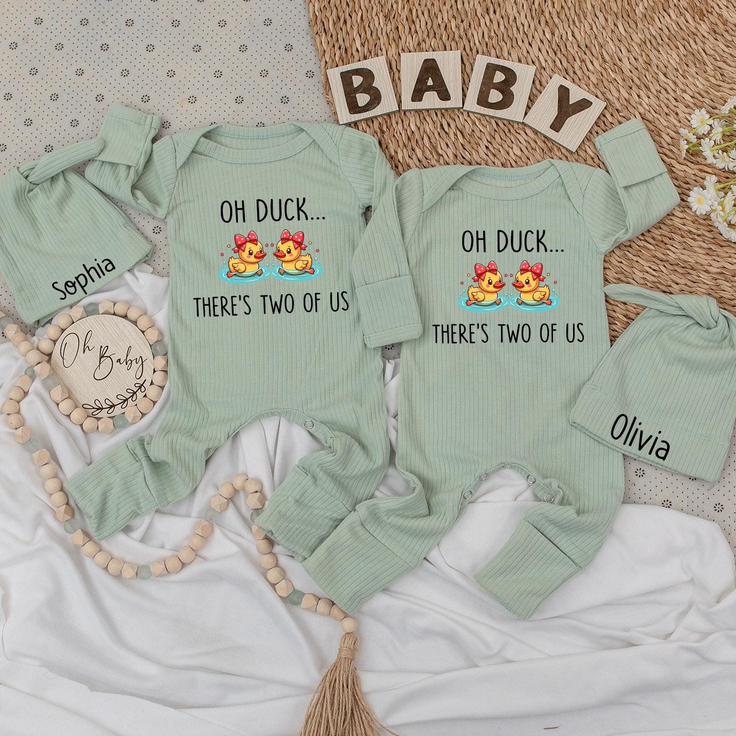 Sweet Twin Duckling Baby Bodysuit & Hat Set with 'Oh Duck... There's Two of Us' Design Newborn Pregnancy Reveal Gift Outfit for Boy or Girl Twins
