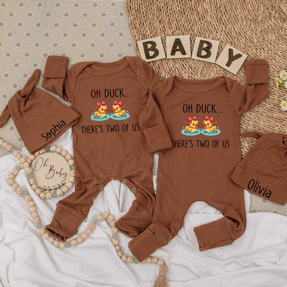 Sweet Twin Duckling Baby Bodysuit & Hat Set with 'Oh Duck... There's Two of Us' Design Newborn Pregnancy Reveal Gift Outfit for Boy or Girl Twins
