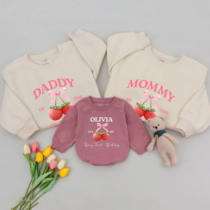 Mommy and Me Berry First Birthday Shirt Matching Family Outfit Sweet Pink Strawberry 1st Birthday Tee for Mom Dad and Baby Girl Boy Celebration