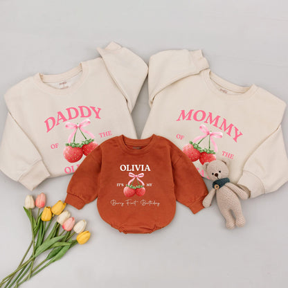 Mommy and Me Berry First Birthday Shirt Matching Family Outfit Sweet Pink Strawberry 1st Birthday Tee for Mom Dad and Baby Girl Boy Celebration