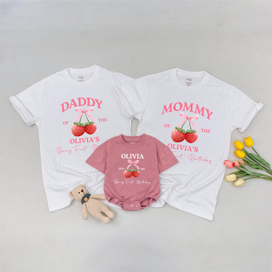 Mommy and Me Berry First Birthday Shirt Matching Family Outfit Sweet Pink Strawberry 1st Birthday Tee for Mom Dad and Baby Girl Boy Celebration