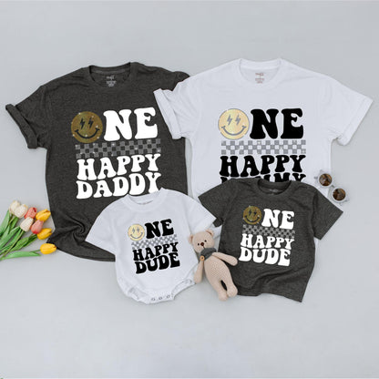 One Happy Dude Birthday Shirt, Golden Smiley Face Lightning Bolt Tee, Glitter Checkerboard Outfit, First Birthday Boy Sparkle Top, Matching Family