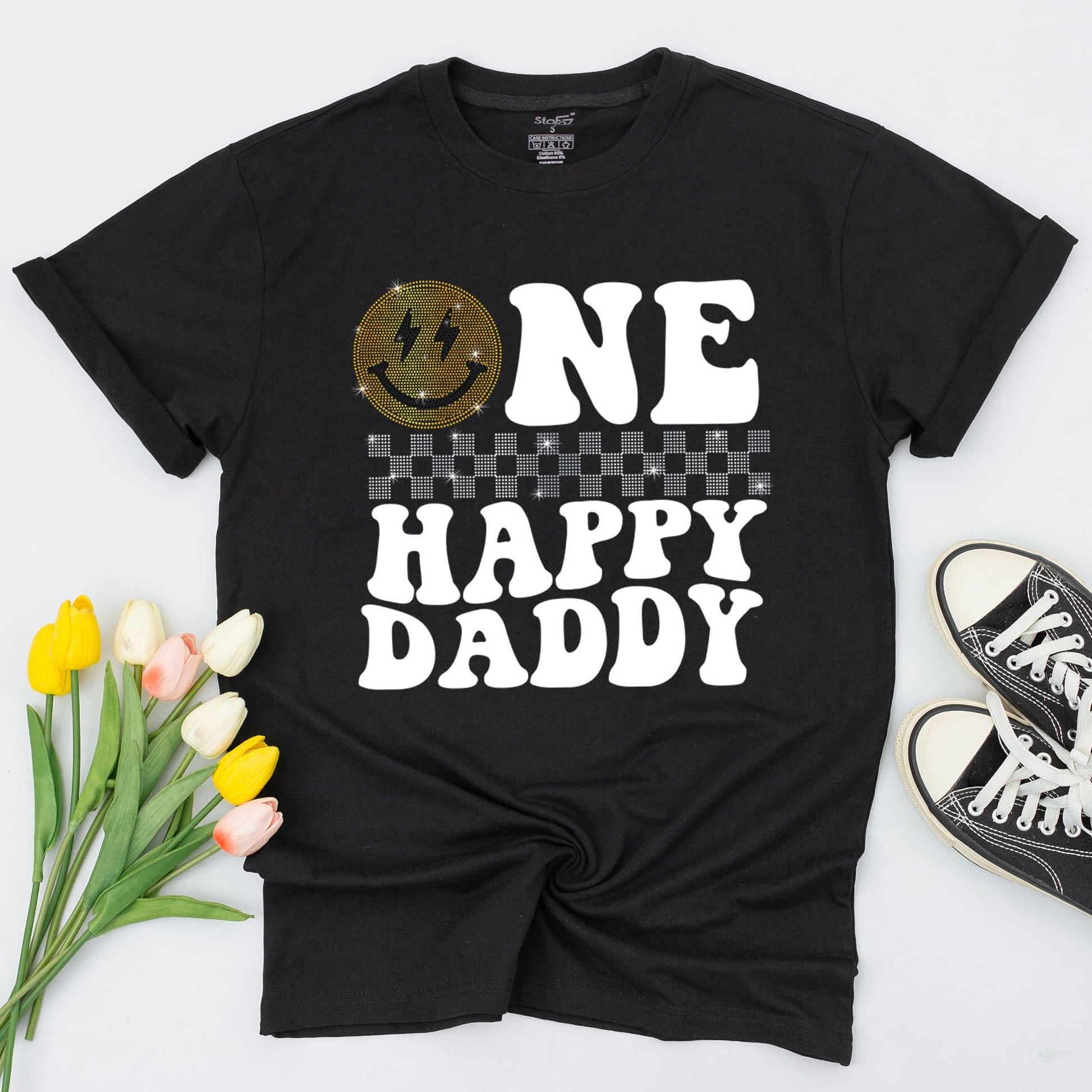 One Happy Dude Birthday Shirt, Golden Smiley Face Lightning Bolt Tee, Glitter Checkerboard Outfit, First Birthday Boy Sparkle Top, Matching Family