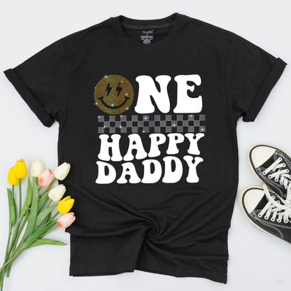 One Happy Dude Birthday Shirt, Golden Smiley Face Lightning Bolt Tee, Glitter Checkerboard Outfit, First Birthday Boy Sparkle Top, Matching Family