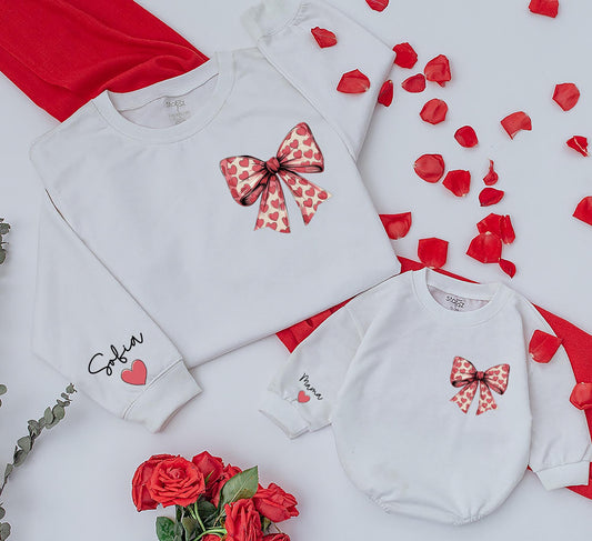 Personalized Valentine Bow Sweatshirt Mom Baby Matching Set Daughter Kid Newborn Outfit Cozy Coquette Bow Design Gift